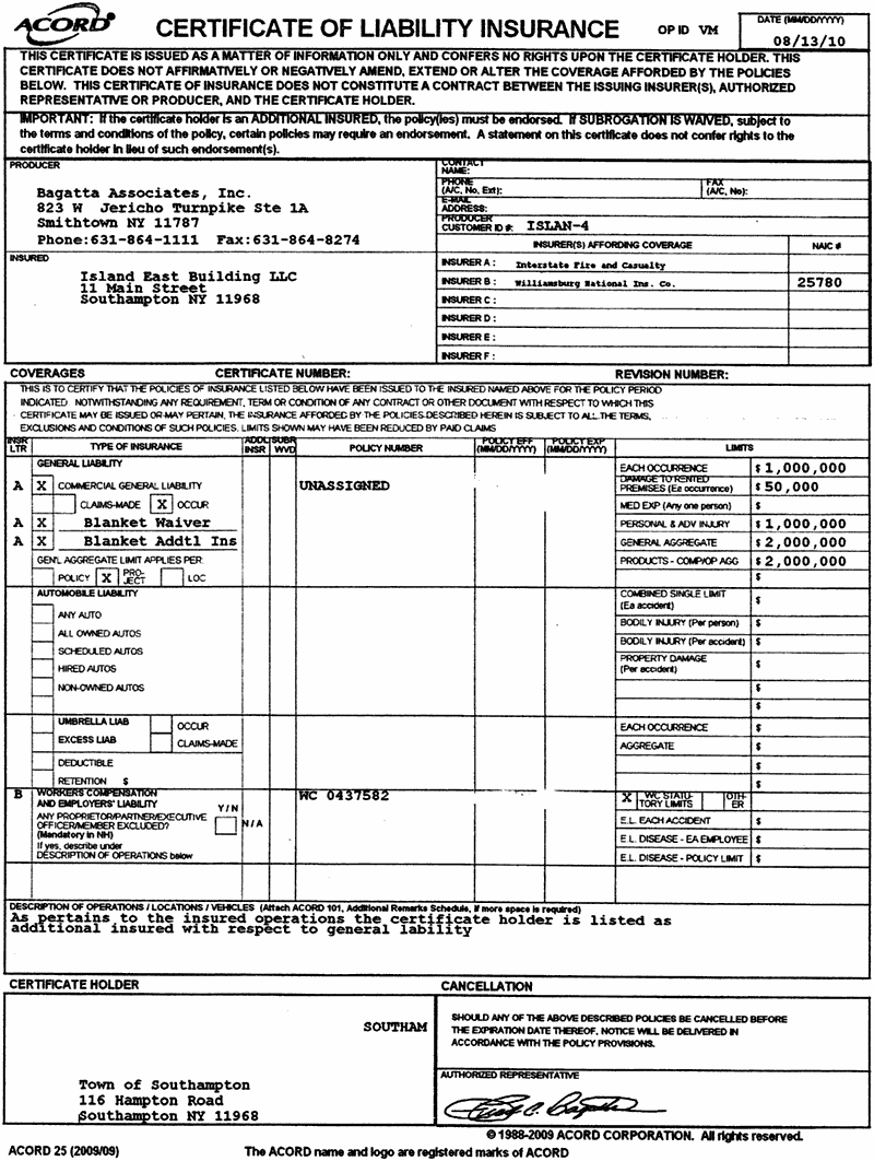 Acord Certificate Of Liability Insurance Island East Building